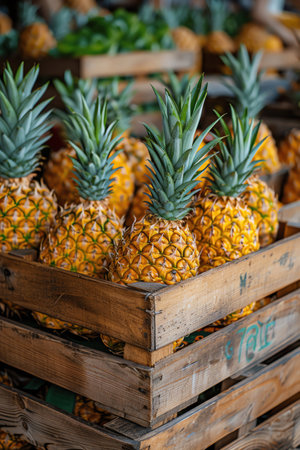 Fresh pineapples in wooden crates at a market, vibrant and tropicalの素材