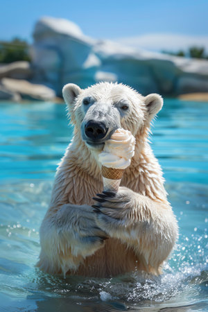 Polar bear enjoying ice cream in the water, blue skyの素材