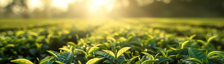 Sunlit rows of a lush tea plantation in soft focus, capturing the beauty of agricultural landscapesの素材