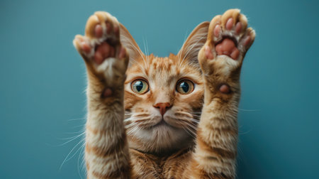 Surprised orange tabby cat, paws raised, blue background, closeupの素材