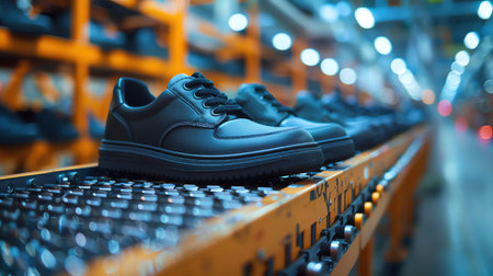 Row of black shoes on a conveyor belt in a factory, shallow depth of field, industrial lightingの素材