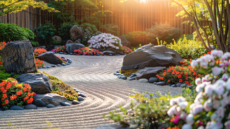 Zen garden with blooming flowers, tranquil and organizedの素材
