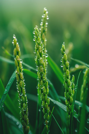 A closeup view of dew drops on a green rice plant in a wet paddy field, with a focus on agricultureの素材