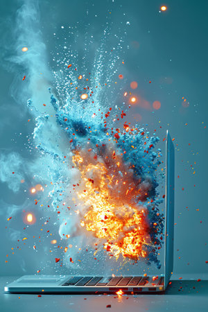 A conceptual representation of an exploding laptop with dynamic burst effect against a cool blue backgroundの素材