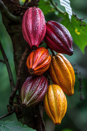 Cluster of vibrant cocoa pods on a tree, green leaves, closeupの素材