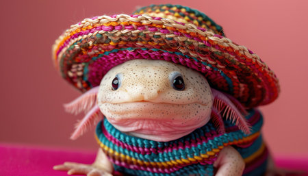 Axolotl wearing a colorful sombrero, closeup on pink background, whimsical and playful sceneの素材