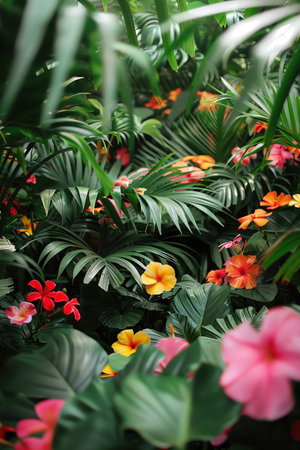 Dense tropical foliage with vibrant flowers, lush greenery, natural lightの素材