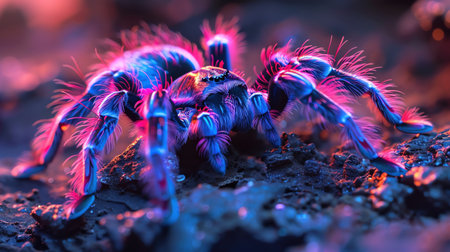 Vibrant neon tarantula on a dark, rocky surface, exotic and strikingの素材