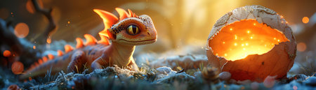 Baby dragon hatching from egg, glowing with warm light, magical setting, closeupの素材