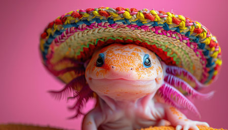 Axolotl wearing a colorful sombrero, closeup on pink background, whimsical and playful sceneの素材