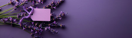 Lavender sprigs with a purple tag, simple and elegant presentation, soft focus on lavender, monochrome purple backgroundの素材