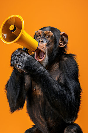 Chimpanzee holding a yellow megaphone, orange backgroundの素材