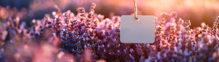 Blank tag on blooming lavender, closeup shot, perfect for personalized messages or labelsの素材