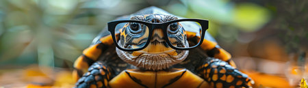 Adorable turtle with glasses, posed against a softfocus background, cute and quirkyの素材