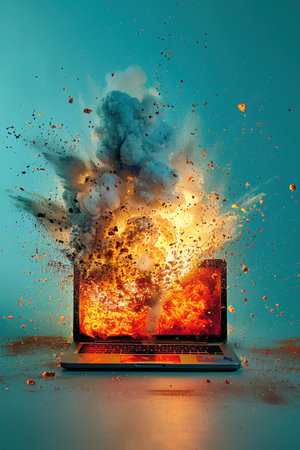 A conceptual representation of an exploding laptop with dynamic burst effect against a cool blue backgroundの素材