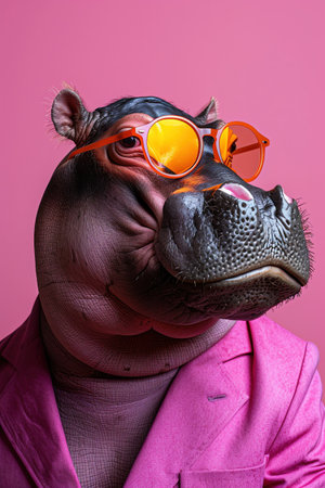 Hippo in a pink suit and orange sunglasses, vibrant pink backgroundの素材