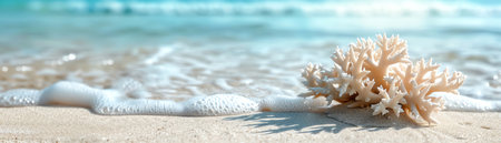 White coral on a sandy beach with turquoise sea, bright and sunny day, minimalistic compositionの素材