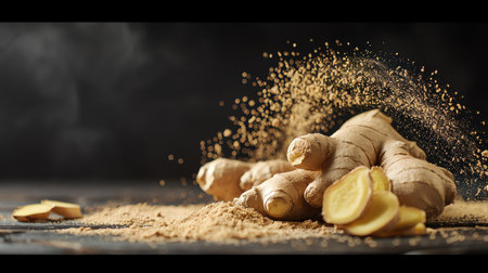 Fresh ginger roots and powder on a dark background, bright and detailed lightingの素材