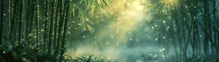 Dewcovered bamboo stalks in a serene forest, morning light creating a mystical atmosphereの素材
