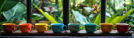Array of colorful tea cups on a tray, with a garden view through a window in the backgroundの素材