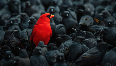 Red bird standing out among a crowd of black birds, dramatic lightingの素材