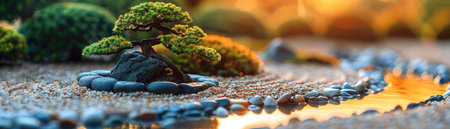 Miniature Japanese garden with bonsai trees and pebbles, golden hour lighting, tranquil sceneの素材