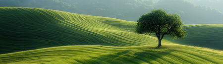 Lone tree on rolling green hills, early morning light casting long shadows, peaceful and scenic landscapeの素材