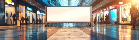 Blank advertisement board in a busy shopping mall, bright lights and blurred backgroundの素材