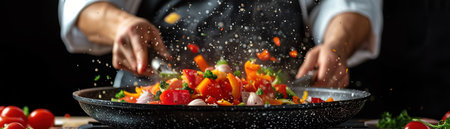 Chef tossing vegetables in a pan, black background, action shot, dramatic lightingの素材