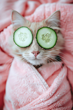 Cat with cucumber slices on eyes, towel wrapped around head, against a pink background, front viewの素材