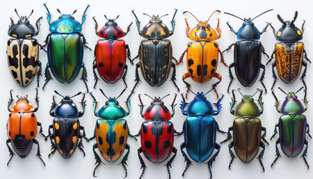 Assorted colorful beetles arranged neatly in rows, white background Vivid colors and sharp details, overhead shotの素材