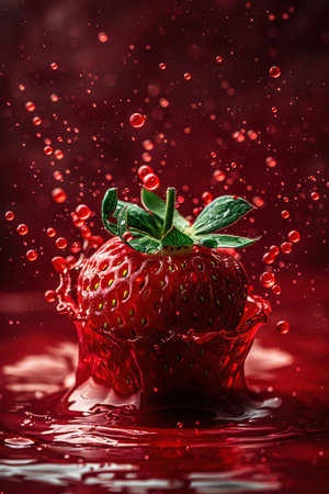 Vibrant strawberry splashing into red liquid, macro shot with highspeed photography, dramatic lightingの素材