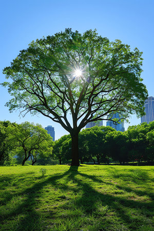 Large green tree with a city skyline background, bright and sunny dayの素材