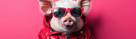 Adorable piglet in sunglasses and a red jacket, posing confidently against a vibrant pink backgroundの素材