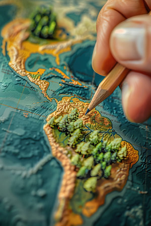 A Detailed view of fingers tracing ecofriendly paths on a globe, planning for a greener futureの素材