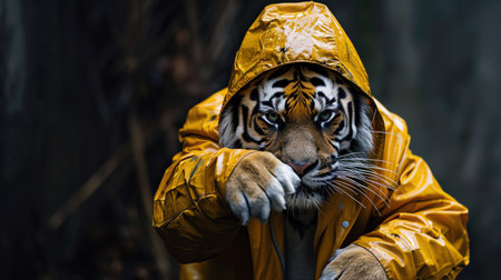 Tiger wearing a yellow raincoat, striking a pose against a dark backgroundの素材