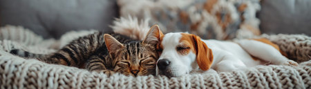 Dog and cat cuddling together on a sofa, closeup, cozy settingの素材