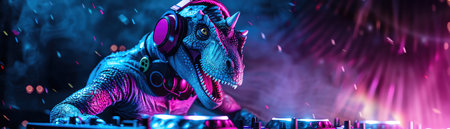 Bluescaled dinosaur DJ with headphones, mixing music in a vibrant, neonlit clubの素材