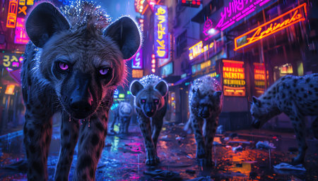 Hyenas on a neonlit street at nightの素材