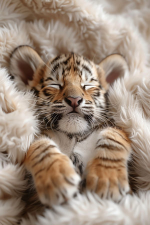 Adorable sleeping tiger cub on a fluffy white blanket, peaceful and cuteの素材