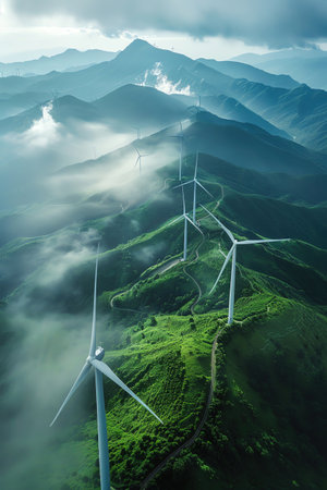 A Clean energy industry Green energy wind farms on high mountains, aerial photographyの素材