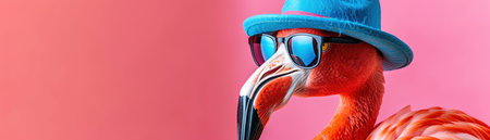 Flamingo with sunglasses and a blue hat, pink backgroundの素材