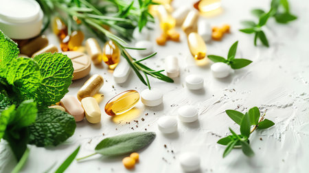 Assorted vitamins and natural herbs arranged on a white surface, promoting health and wellnessの素材