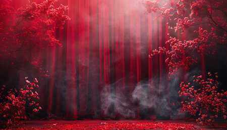 Dramatic red stage with smoke and flowers, creating a grand, festive atmosphereの素材