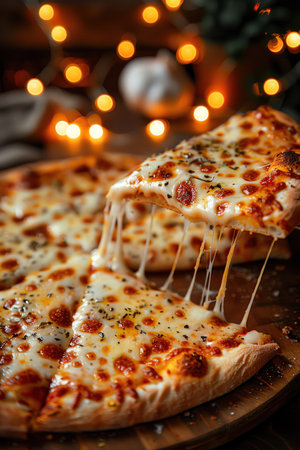 Closeup of cheesy pizza being lifted, with warm lights creating a cozy atmosphereの素材