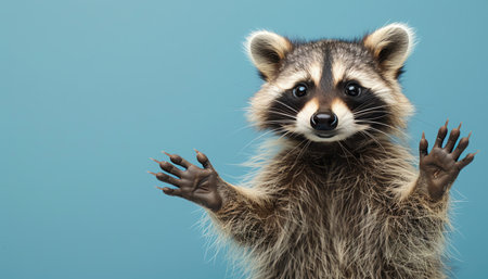 Cute raccoon waving, against a blue backdrop, with expressive eyes and a playful smileの素材