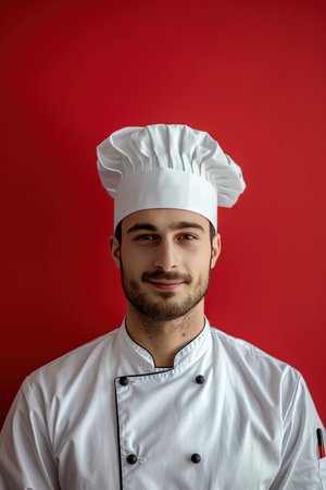 Happy chef in white uniform against a red background, closeup portrait exuding prideの素材