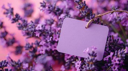 Lavender flowers with a blank purple tag, soft pink and purple backgroundの素材