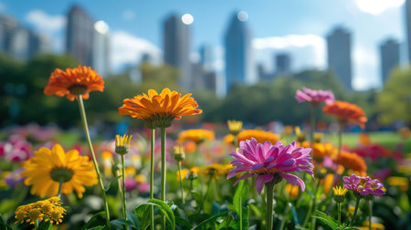 Vibrant flowers blooming in a city park with a skyscraper skyline blurred in the backgroundの素材