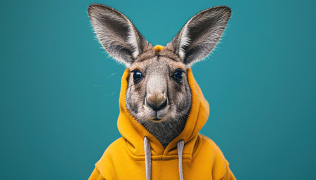 Kangaroo wearing a yellow hoodie, turquoise background, quirky and funの素材